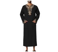 Men Islamic Kaftan - Mens Arab Muslim Mens Long Sleeve Robe Printed V Neck Design Loose Breathable Robe (Black Xxxl)