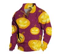 Men Jack O Lantern Hoodie 1/4 Zipped Sweater Men Holiday Theme Pullovers Long Sleeve Sweatshirt With Elbow Patches Sweaters Winter Thick Pullovers Loose Fit Jumpers Stand Collar Sweatshirts