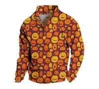 Men Jack O Lantern Hoodie 1/4 Zipped Sweater Men Holiday Theme Pullovers Long Sleeve Sweatshirt With Elbow Patches Sweaters Winter Thick Pullovers Loose Fit Jumpers Stand Collar Sweatshirts