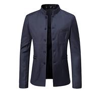 Men Jacket Spring Autumn Classic Vintage Solid Color Stand Collar Men Suit Slim Fit Cardigan Long Sleeve Casual All-Match Men Chinese Tunic Suit B-Navy L