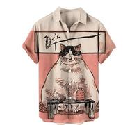 Men Japanese Style Cat Pattern Shirt Cartoon Anime Cat Short Sleeve Button Down Shirts Hawaiian Beach Party Shirt Fashion Streetwear Top