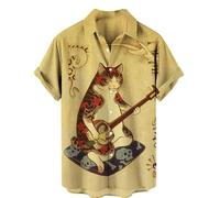 Men Japanese Style Cat Pattern Shirt Cartoon Anime Cat Short Sleeve Button Down Shirts Hawaiian Beach Party Shirt Fashion Streetwear Top