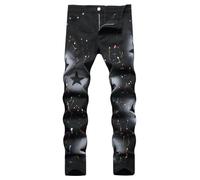Men Jeans Regular Fit,Male Hand Painted Five Pointed Star Color Spray Paint Elastic Small Straight Leg Jeans