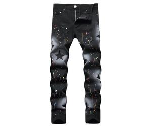 Men Jeans Regular Fit,Male Hand Painted Five Pointed Star Color Spray Paint Elastic Small Straight Leg Jeans