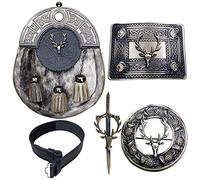Men Kilt Belt with Buckle Scottish Kilts Sporran with Badge Style Stag Head Kilt Pin Fly Plaid Brooch 5 piece Set (L)