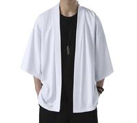 Men Kimono Robe Coat with 3/4 Sleeve - Loose Fit Open Front Outerwear for Men, Solid Color Japanese Style Cardigan, Yukata Top (L-3XL)(L White)