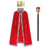 Men King Costume Prince Velvet Cape with King Crown Scepter Fancy Royal Dress Up Adult Cosplay Costume for Halloween Carnival Red (3pcs) One Size
