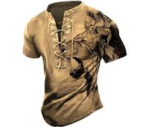 Men Knight Templar Lion Graphic Short Sleeve T Shirt Stand Collar Lace Up Henley Shirts Retro 3D Printed Top Outdoor Tactical Stand Neck Tee Shirt