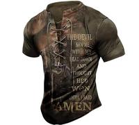 Men Knight Templar Lion Graphic Short Sleeve T Shirt Stand Collar Lace Up Henley Shirts Retro 3D Printed Top Outdoor Tactical Stand Neck Tee Shirt