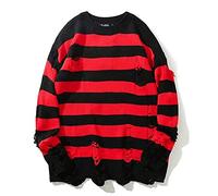 Men Knitted Jumper Fashion Colour Contrast Holes Striped Men Long Sleeve Jumper Basic Round Neck Slim Fit Men Knitwear Stretch Comfortable All-Match Men Knitted Tops A-Red Black L
