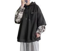 Men Korean Preppy Fake Two Piece Hoodie Y2K Harajuku Oversize Plaid Hooded Sweatshirt Spring Casual Pullover Tops Clothes, Black, Medium