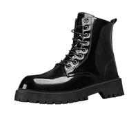 Men Lace Up Chunky Platform Sole Black Mid Calf Combat Ankle Boots | Smooth Faux Leather Shell Metal Eyelets Deep Tread Lug Outsole Reinforced Men Outdoor Boots