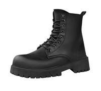 Men Lace Up Chunky Platform Sole Black Mid Calf Combat Ankle Boots | Smooth Faux Leather Shell Metal Eyelets Deep Tread Lug Outsole Reinforced Men Outdoor Boots