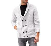 Men Lapel Double-Breasted Cardigan Sweater Solid Thicken Long Sleeve Knitted Sweaters White XXL