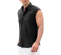 Men Lapel Shirt Summer New Solid Color Men Tank Top Light Breathable Men Casual Shirts Button Placket Men Sleeveless Shirt with Pocket Men Linen Shirt A-Black L