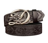Men Leather Belt, Automatic Buckle, Crocodile Embossed Cowhide, Vintage Engraved Design, Casual Jeans Dress Belt, 4011 Pattern Black Double Alligator Silver Buckle, 130 cm