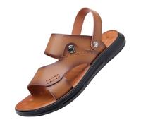 Men Leather Slip-On Arch Support Adjustable Open Toe Soft Sole Sandals, Outdoor Two Uses Non-slip Breathable Sandals Beach Shoes, for Walking Around Town, Running Errands, Trekking(Khaki,5.5 UK)