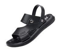 Men Leather Slip-On Arch Support Adjustable Open Toe Soft Sole Sandals, Outdoor Two Uses Non-slip Breathable Sandals Beach Shoes, for Walking Around Town, Running Errands, Trekking(Black,8 UK)