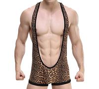 Men Leopard Print Wrestling Singlet Leotard Suspenders Jockstrap Bodysuit One Piece Breathable Jumpsuit Underwear, Brown, XL