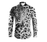 Men Leopard Printed Shirt Casual Animal Leopard Pattern Slim Fit Shirts Vintage Button Down Long Sleeve Lapel Blouse Top Grey