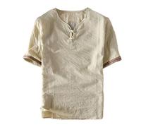 Men Linen Cotton Shirt Short Sleeve T Shirts Button V Neck Tops Summer Casual Lightweight Beach Tees Vacation Clothes Ropa De Lino Hombre(Khaki, XXXXL)