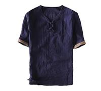 Men Linen Cotton Shirt Short Sleeve T Shirts Button V Neck Tops Summer Casual Lightweight Beach Tees Vacation Clothes Camisa De Lino para Hombre(Navy, XXL)