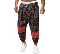 Men Linen Pants Mens Trousers Casual Pants Relaxed Fit Wide Legs Palazzo Long Yoga Sport Novelty Printed Harem Trousers Running Joggers Sweatpants Summer Beach Holiday Red 5XL