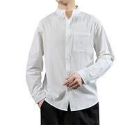 Men Linen Shirt, Classic Men's Long Sleeve Casual Shirt with Solid Design and Chest Pocket Featuring a Refined Stand Collar for Smart Everyday Wear