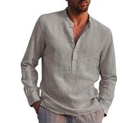 Men Linen Shirt Today's Deals Solid Stand Collar Long Sleeve Button Henley Tops with Pocket Office Work Business Shirts Classic Fall Winter Tees Casual Loose Breathable Pullover Blouses M-4XL