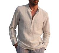 Men Linen Shirt Today's Deals Solid Stand Collar Long Sleeve Button Henley Tops with Pocket Office Work Business Shirts Classic Fall Winter Tees Casual Loose Breathable Pullover Blouses M-4XL