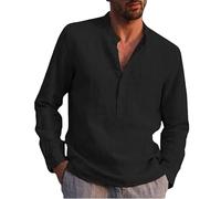 Men Linen Shirt Today's Deals Solid Stand Collar Long Sleeve Button Henley Tops with Pocket Office Work Business Shirts Classic Fall Winter Tees Casual Loose Breathable Pullover Blouses M-4XL