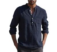 Men Linen Shirt Today's Deals Solid Stand Collar Long Sleeve Button Henley Tops with Pocket Office Work Business Shirts Classic Fall Winter Tees Casual Loose Breathable Pullover Blouses M-4XL