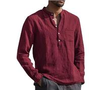 Men Linen Shirt Today's Deals Solid Stand Collar Long Sleeve Button Henley Tops with Pocket Office Work Business Shirts Classic Fall Winter Tees Casual Loose Breathable Pullover Blouses M-4XL