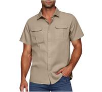 Men Linen Shirts Clearance,Mens Short Sleeve Button Down Lapel Casual Hawaiian Blouses - Cotton Linen Loose Fit Holiday Beach Shirt - Solid Henley Blouse Tops with Pocket - UK Size S-5XL