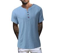Men Linen Shirts Short Sleeved Shirts Men's Summer Linen Cotton Henley Shirt Lightweight Summer Tops Mens Linen Shirt Grandad Collar Short Sky Blue