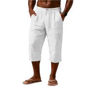 Men Loose Fit Linen Capri Pants Elastic Waistband Three Quarter Length Casual Lightweight Trousers White