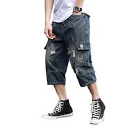 Men Loose Ripped Hip Hop Capri Baggy Denim Cargo Jeans, Dark Blue, 40 Regular