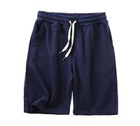Men Loose Shorts Casual Solid Color Washed Cotton Short Classic Elastic Waist Shorts-Pant (XL,Blue)