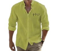 Men Love Heart Printed Shirt Regular Button Up Stand Collar Blouse Top Fashion 3D Vintage Heartbeat Printed Long Sleeve T Shirt Hawaiian Beach Top Green