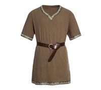 Men Medieval Costume Renaissance Templar Tunic Viking Knight Pirate Vintage Warrior Halloween Cosplay Party Tops No Belt (A-Coffee, L)