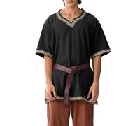 Men Medieval Costume Renaissance Templar Tunic Viking Knight Pirate Vintage Warrior Halloween Cosplay Party Tops No Belt (A-Black, S)