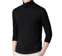 Men Merino Wool Tee Shirt Thin Turtleneck Sweater Pure Wool Jumpers High Collar Knit Sweaters Black M