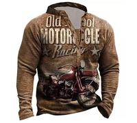 Men Motorcycle Graphic Long Sleeve T Shirt Vintage Stand Collar Sweatshirt 3D Motorbike Printed Casual Henley Shirt Outdoor Street Pullover Top Brown