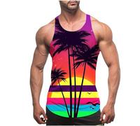 Men Muscle Tank Tops Summer Thin Strap Leakage Back Vests Hawaiian Printed Round Neck Vest Tops Casual Loose Comforty Fitness Tank Tops Classic Beach Holiday Running Vest Tops UK Size 8-20 Clearance