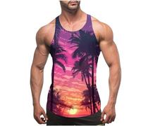 Men Muscle Tank Tops Summer Thin Strap Leakage Back Vests Hawaiian Printed Round Neck Vest Tops Casual Loose Comforty Fitness Tank Tops Classic Beach Holiday Running Vest Tops UK Size 8-20 Clearance