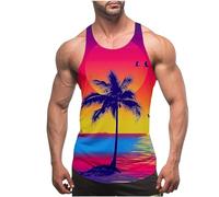 Men Muscle Tank Tops Summer Thin Strap Leakage Back Vests Hawaiian Printed Round Neck Vest Tops Casual Loose Comforty Fitness Tank Tops Classic Beach Holiday Running Vest Tops UK Size 8-20 Clearance