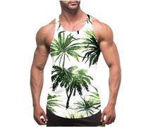 Men Muscle Tank Tops Summer Thin Strap Leakage Back Vests Hawaiian Printed Round Neck Vest Tops Casual Loose Comforty Fitness Tank Tops Classic Beach Holiday Running Vest Tops UK Size 8-20 Clearance