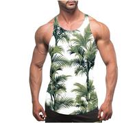 Men Muscle Tank Tops Summer Thin Strap Leakage Back Vests Hawaiian Printed Round Neck Vest Tops Casual Loose Comforty Fitness Tank Tops Classic Beach Holiday Running Vest Tops UK Size 8-20 Clearance