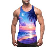 Men Muscle Tank Tops Summer Thin Strap Leakage Back Vests Hawaiian Printed Round Neck Vest Tops Casual Loose Comforty Fitness Tank Tops Classic Beach Holiday Running Vest Tops UK Size 8-20 Clearance