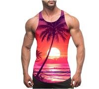 Men Muscle Tank Tops Summer Thin Strap Leakage Back Vests Hawaiian Printed Round Neck Vest Tops Casual Loose Comforty Fitness Tank Tops Classic Beach Holiday Running Vest Tops UK Size 8-20 Clearance